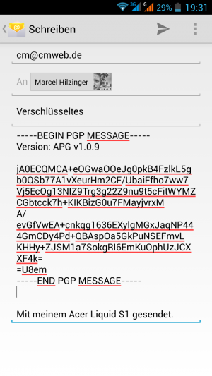 Abbildung 4: Die PGP-verschlüsselte Nachricht kann mit jedem PGP-fähigen Client entschlüsselt werden.