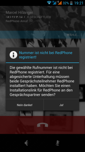 Abbildung 11: Hat der Gesprächspartner die RedPhone-App nicht installiert, geht nichts.