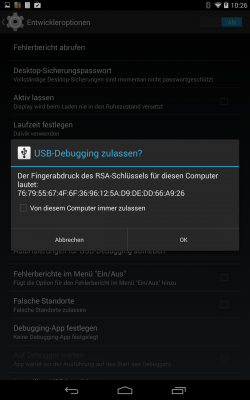 Aus Sicherheitsgründen müssen Sie den Zugriff via USB-Debugging zunächst bestätigen.