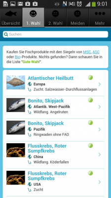 Wenn Fischarten grün markiert sind, bedeutet das für Sie, dass diese zur ersten Wahl gehören und ohne Bedenken gekauft werden können.