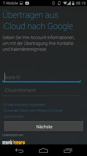Apple-ID und Passwort eingeben, und schon holt sich das Moto-Smartphone die Daten in der Apple-Cloud.