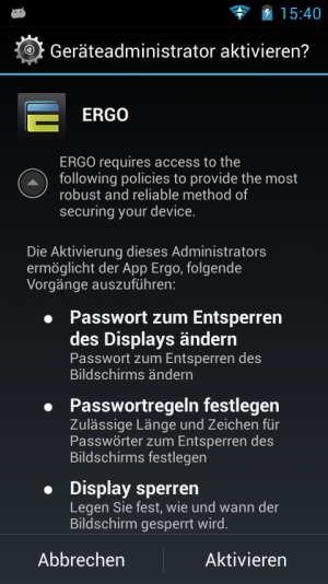 Damit ERGO das Handy entsperren kann, müssen Sie die App als Geräteadmin aktivieren.