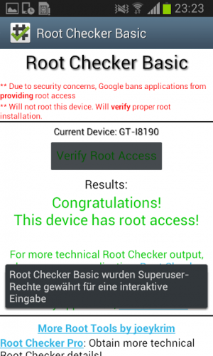 Abbildung 9: Dass der Root-Vorgang tatsächlich erfolgreich verlief, bestätigt Ihnen zum Beispiel die App Root Checker Basic.