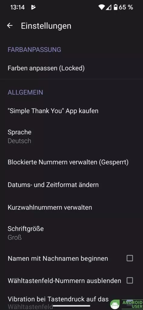In den Einstellungen der Telefon App schlichtes Telefon sind verschiedene Möglichkeiten enthalten