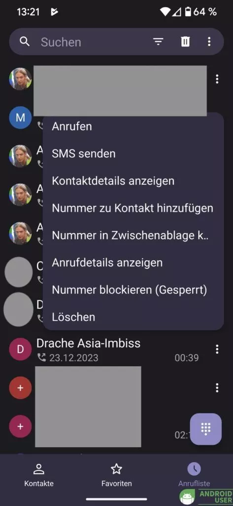 Das Kontext Menü in der Schlichtes Telefon App