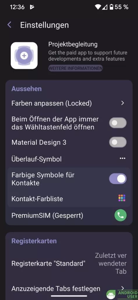 Weitere Einstellungen der Telefon App für Android Right Dialer