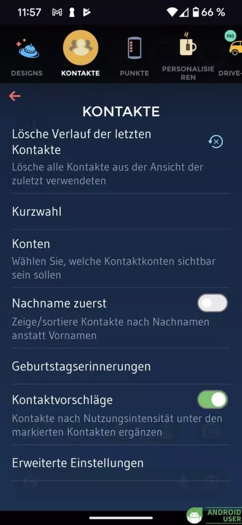 Umfangreiche Einstellungen der Drupe Telefon App für Android