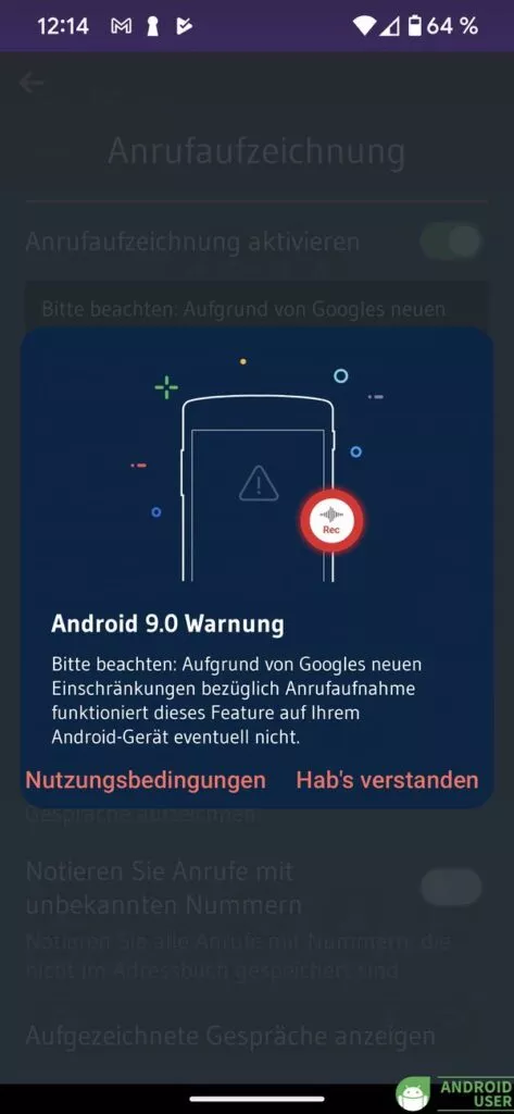 Beim Aktivieren der Anrufaufzeichnung gibt es eine Warnung in Drupe