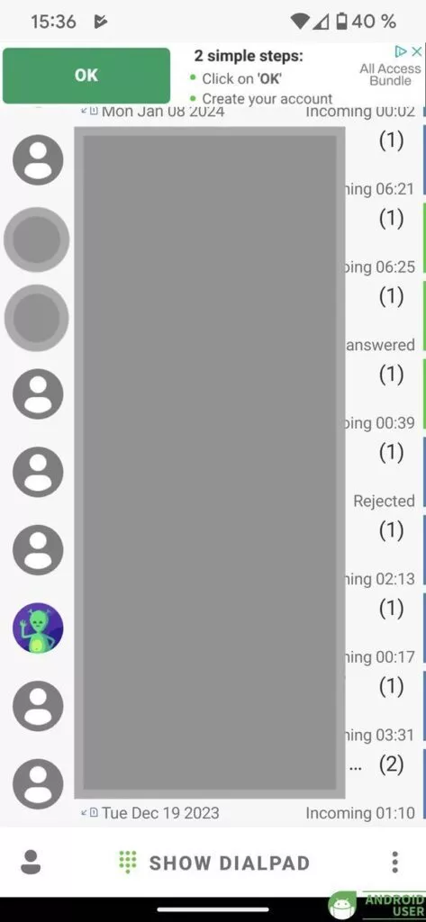 Ein Umschalten zwischen Dialer und Kontakten ist möglich