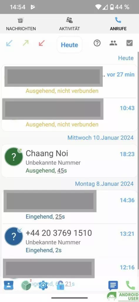Die Anrufliste in der Android App Smart Notify