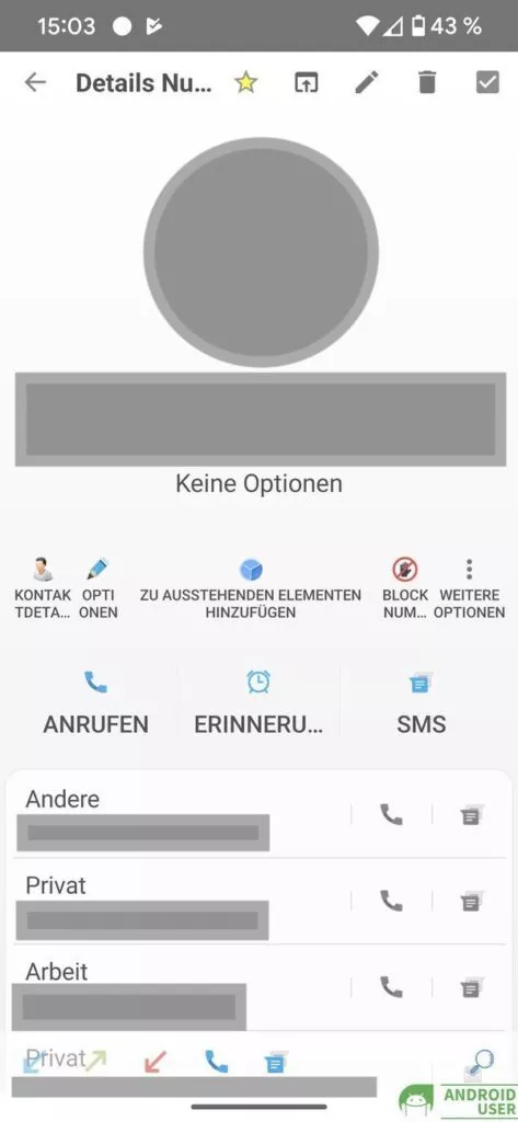 Ein Kontakt wird mit allen Kontaktmöglichkeiten angezeigt