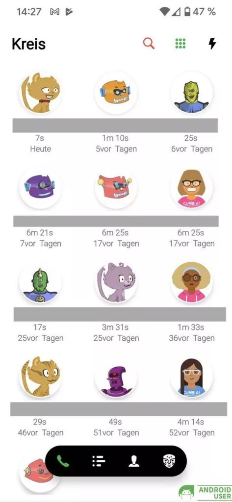 Deine Kontakte mit Anruftag und Dauer