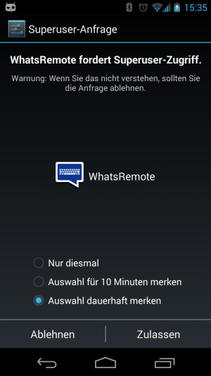 Abbildung 4: Jede App, die mit den Rechten des Superusers arbeiten will, muss um Erlaubnis bitten.