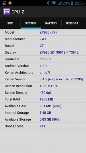 Abbildung 1: Das C2 Platinum gibt sich selbst als ZP 980 aus. Beachten Sie den internen Speicher!