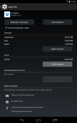 Abbildung 1: Dropbox ist in diesem Fall noch nicht ganz so aufgebläht, doch allein mit dem Löschen des Caches macht man einige Megabyte Speicher frei.