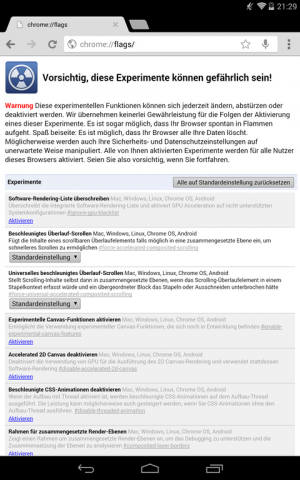 Abbildung 3: Die lange Liste der Optionen im Beta-Browser ist auf den ersten Blick sehr unübersichtlich. Zum Glück sind alle Funktionen gut beschrieben.