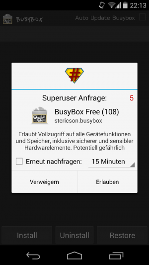 Abbildung 5: Um die BusyBox zu installieren, müssen Sie der Installationsapp Root-Rechte gewähren.