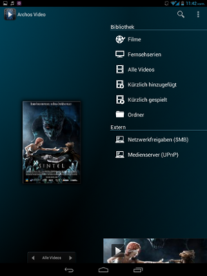 Der Videoplayer von Archos kommt nicht nur mit lokalen Dateien klar sondern streamt auch im Netzwerk.