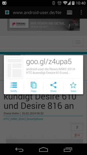 Nach dem Verkürzen leiten Sie die Kurz-URL an andere Apps weiter.