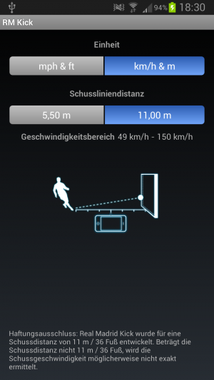 Abbildung 4: In den Einstellungen lässt sich die Distanz zum Tor anpassen und zwischen km/h und mph wechseln.