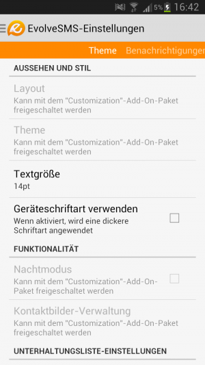 Abbildung 13: Durch die hier gezeigten Einstellungen, lässt sich EvolveSMS zu einer optisch ansprechenden Anwendung machen.