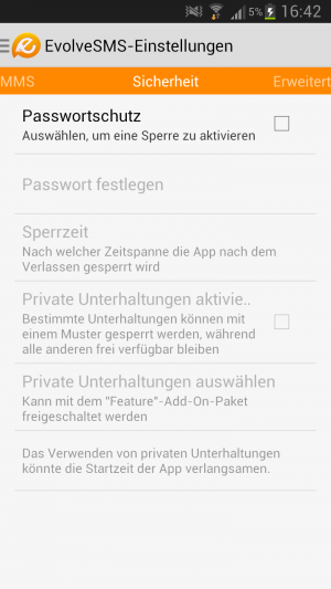Abbildung 14: Mit EvolveSMS lassen sich Ihre SMS-Nachrichten und Chats mit einem Passwort schützen.