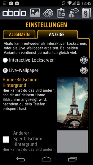 Um keinen doppelten Sperrbildschirm zu erhalten, lohnt es sich, Abalo in den Einstellungen als Live-Wallpaper einzurichten.