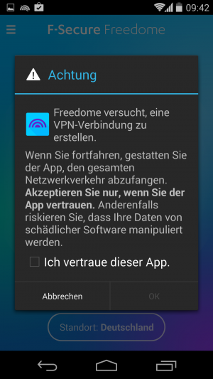 Beim ersten Start des VPN-Dienstes erscheint dieser Warndialog von Android. Hier müssen Sie der App Ihr Vertrauen aussprechen.