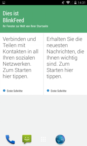 Zunächst ist der Feed von Blinkfeed noch komplett leer. Sie können Ihn aber mit beliebigen Inhalten füllen.