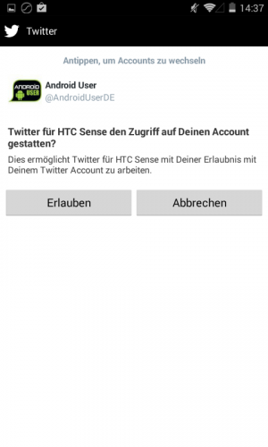 HTC Sense will Zugriff auf Ihren Twitter-Account.