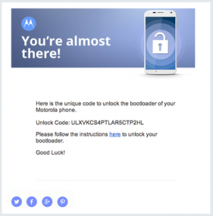 Den benötigten Unlock Code erhalten Sie nach dem Entsperren auf der Webseite von Motorola via E-Mail.