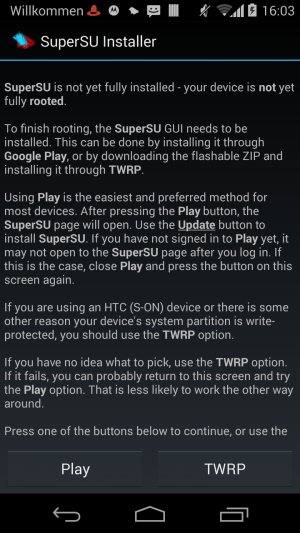 Nach einem Klick auf TWRP rootet SuperSU Ihr Moto X vollkommen von alleine.