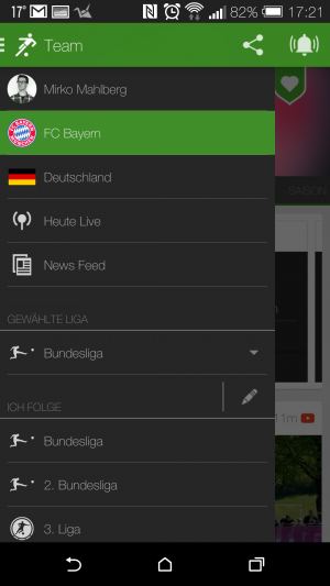 Das Sidemenü von Onefootball zeigt alle Kategorien im Sidemenü: Ligen, seine Mannschaft, heutige Spiele, einen Newsfeed usw.