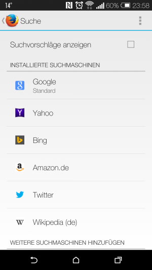 Jede beliebige Seite kann man als Suchmaschine benutzen. Zum hinzufügen einfach lange auf das Suchfeld tippen.