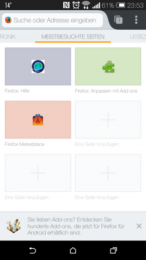 Über die Startseite von Firefox gelangt man zu Lesezeichen, den meistbesuchten Seiten, der Chronik etc.