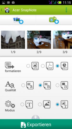 Mit Acer SnapNote stellen Sie Fotos zu PDF-Dokumenten oder PowerPoint-Präsentationen zusammen.