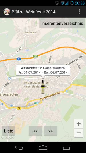 Die Übersicht der Weinfeste lassen sich auf der Karte oder in einer Liste anzeigen.