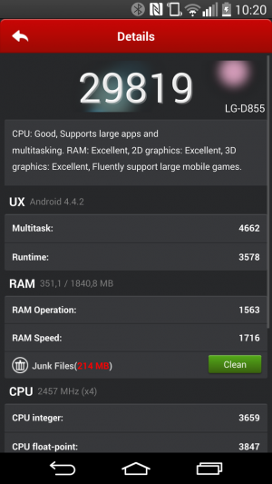 Die AnTuTu Benchmark Ergebnisse sind typisch für ein Smartphone mit Snapdragon-801-Prozessor.