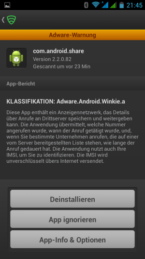 Die Malware-Warnung von Lookout erscheint auch nach dem jüngsten Firmware-Update noch.