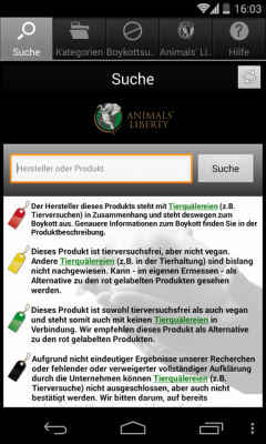 Der Startbildschirm der App mit einer Erläuterung der Label für Produkte.