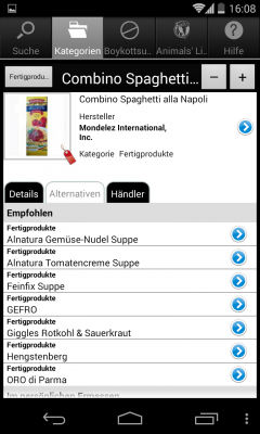 Alternativvorschläge der App: Nicht besonders ähnlich zum ursprünglichen Produkt aber sehr viel tierfreundlicher.