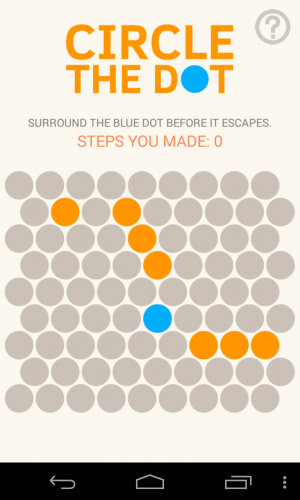 Das Spielfeld von Circle the dot mit dem blauen Punkt in der Mitte. Versuche nun dein Glück und umkreise ihn mit den orangenen Punkten.