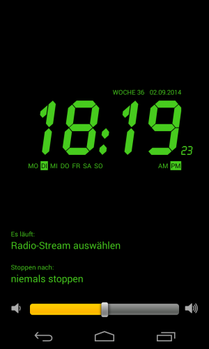 Die in der Nacht gut sichtbare Radioweckeroberfläche auf deinem Smartphone.