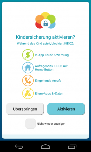 Die Kindersicherung von Kidoz blockiert z.B. In-App Käufe und weitere, nicht für Kinderhände bestimmte Daten.
