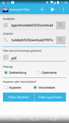 Dieser Filter verschiebt alle Dateien mit der Endung .pdf von Download nach Download/PDFs.