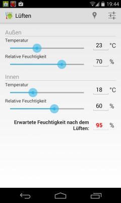 Die App berechnet die relative Feuchtigkeit im Raum.