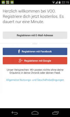 Die Registrierung bei Voo erfolgt über E-Mail, Facebook oder Google+.