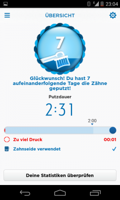 Nach dem du fertig mit Putzen bist, zeigt dir die Übersicht wie lange die Putzdauer war und ob du die Zahnbürste zu fest aufgedrückt hast.