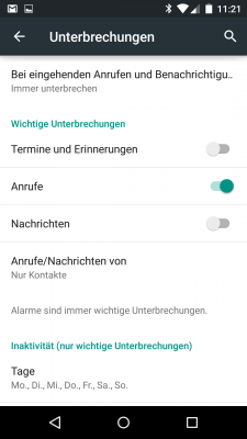 Über die drei Schalter legst du Ausnahmen für den Wichtig-Modus von Android 5.0 "Lollipop" fest.