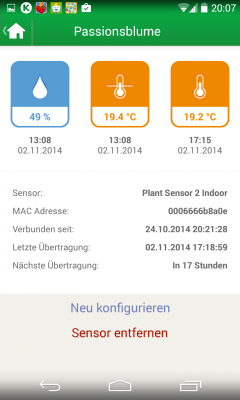 Du bekommst eine Übersicht seit wann der Sensor mit deinem Pflanzen verbunden ist und wann die nächste Messung mit Übertragung stattfindet.